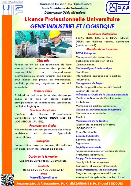 Licence Professionnelle Universitaire Génie Industriel et Logistique