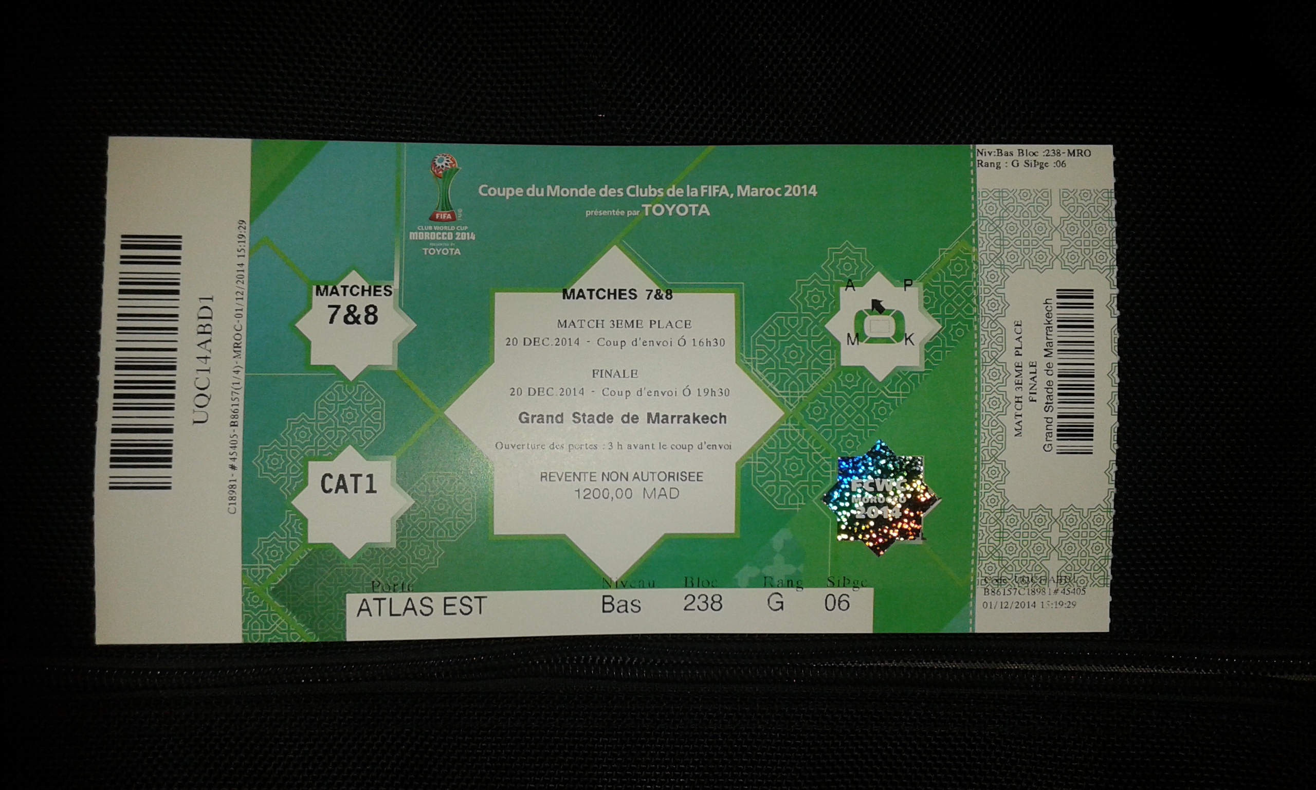 1 billet CATEGORIE 1 pour le match final  du mondialito 2014